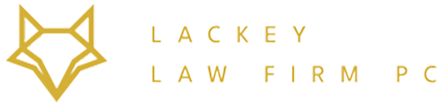 Gold geometric fox head logo with the words "Lackey Law Firm PC" in gold capital letters on a black background.