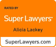 Orange and white badge reading "Rated by Super Lawyers, Alicia Lackey, SuperLawyers.com" in bold text.