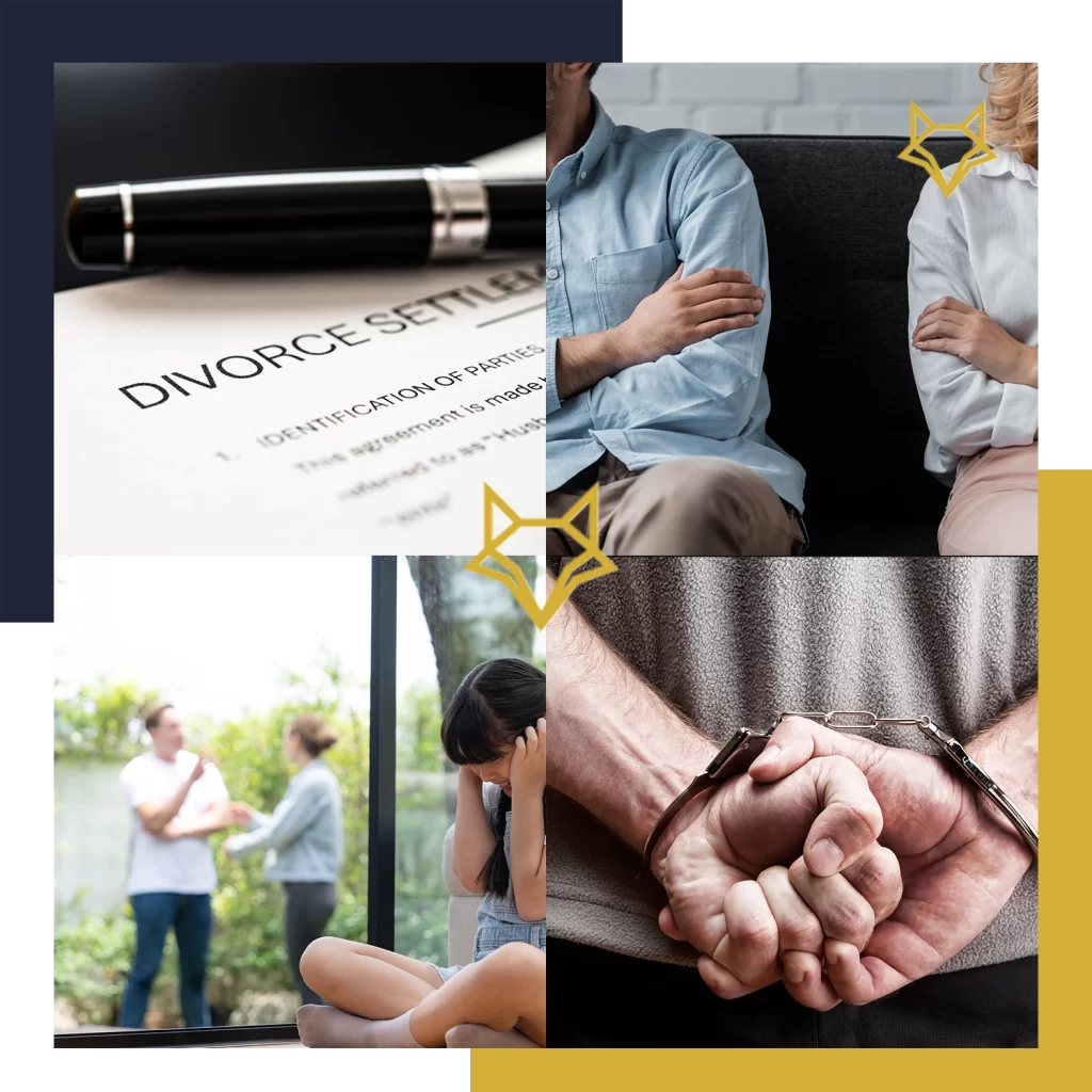 A collage showing a divorce settlement document, a couple sitting apart, a child covering her ears as adults argue, and a person in handcuffs.