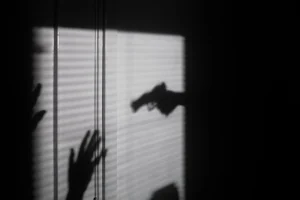 Shadow of a hand holding a gun is cast on a wall, with another hand raised as if in defense; light filters through blinds.