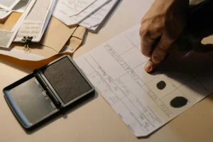 A person presses their finger onto a fingerprint form beside an ink pad, with documents and envelopes scattered on the desk.