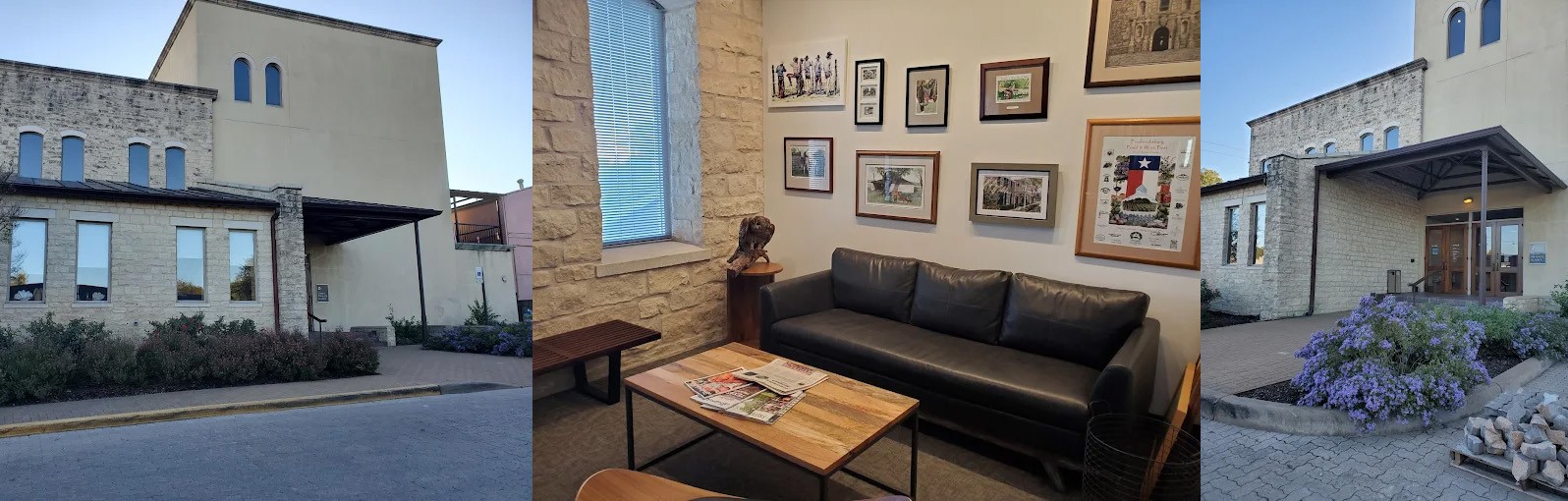 A collage of three images shows a stone building exterior, a lobby with a black couch and framed art, and a covered entryway with plants and double doors.