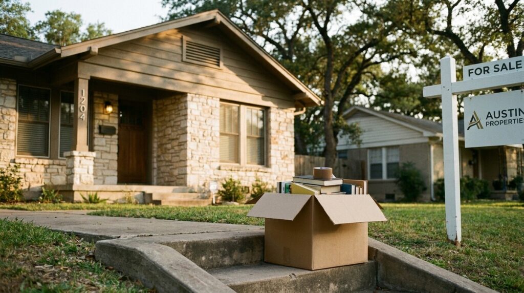 open moving box on curb outside stone house with For Sale sign