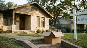 open moving box on curb outside stone house with For Sale sign