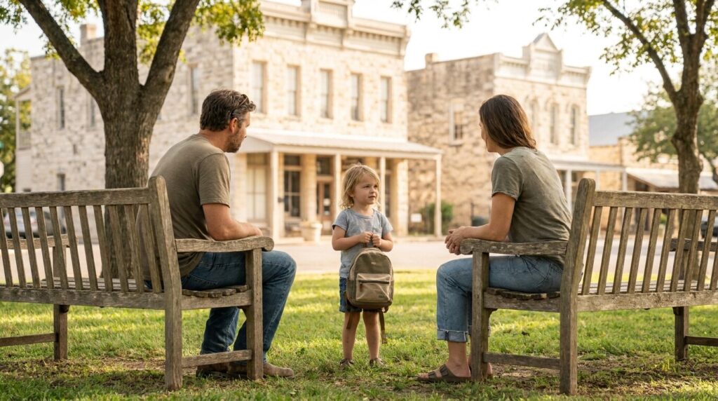 two adults seated on separate benches with young child carrying backpack between them