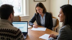 attorney reviewing printed documents with two clients at conference table