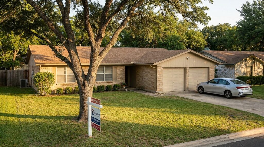 single-story brick home with For Sale Realty sign on front lawn