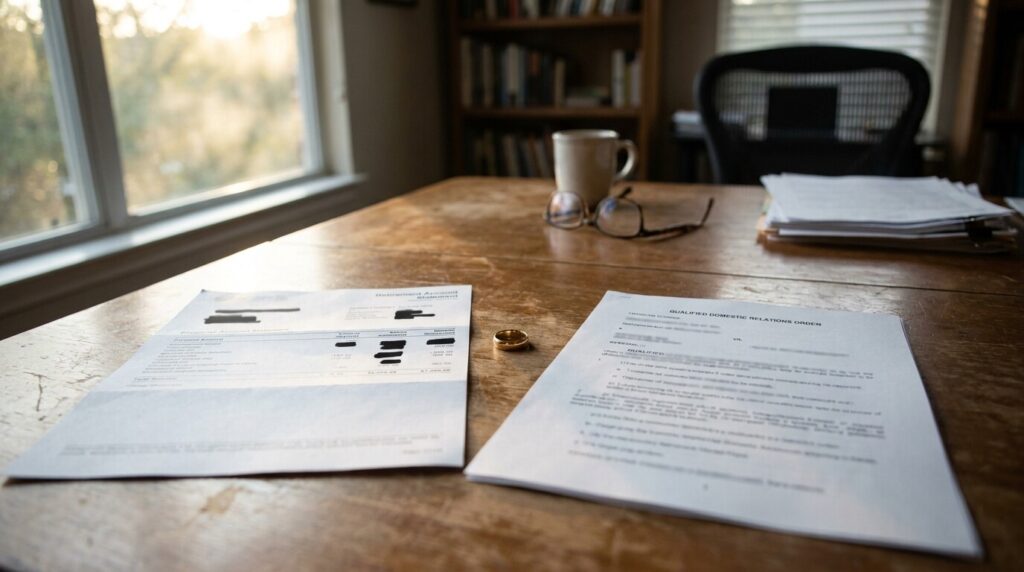 Qualified Domestic Relations Order and financial statement beside wedding ring on desk