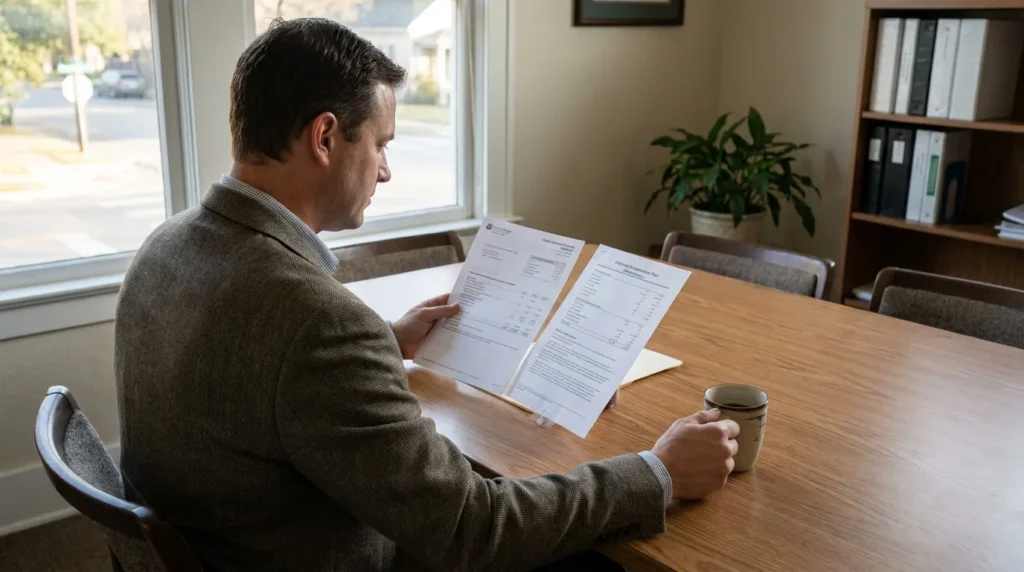 professional man reviewing Deferred Compensation Plan documents at office conference table