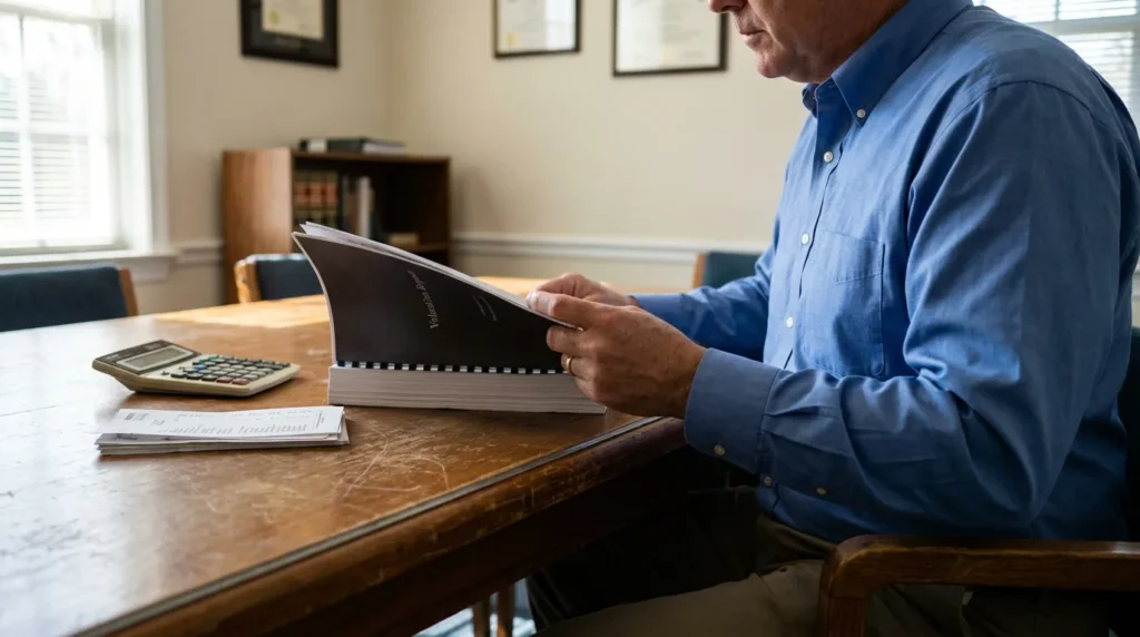 man reviewing Valuation Report binder at desk with calculator and documents