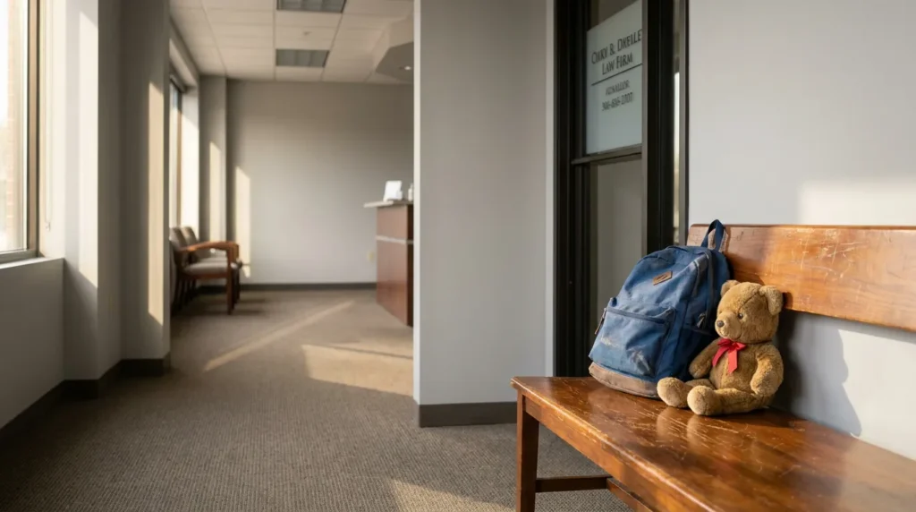 teddy bear and backpack on wooden bench inside law firm hallway