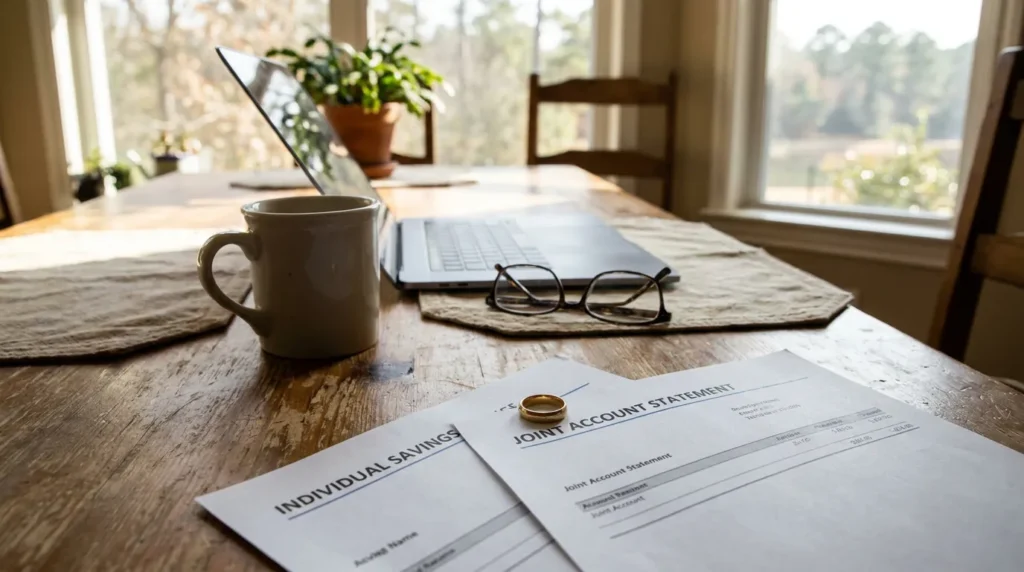 Individual savings and joint account statement documents with wedding ring on wooden table