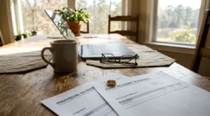 Individual savings and joint account statement documents with wedding ring on wooden table