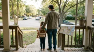adult and child with backpack and teddy bear standing on residential porch