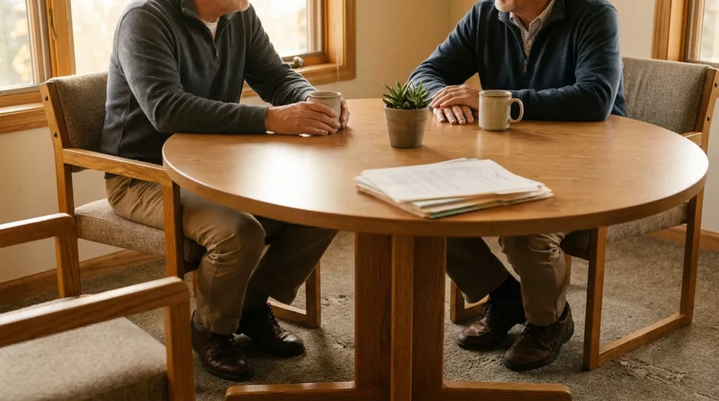two men seated at round wooden table with documents and mugs