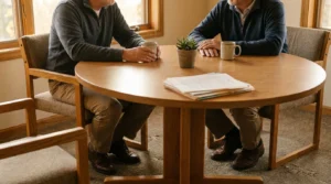 two men seated at round wooden table with documents and mugs