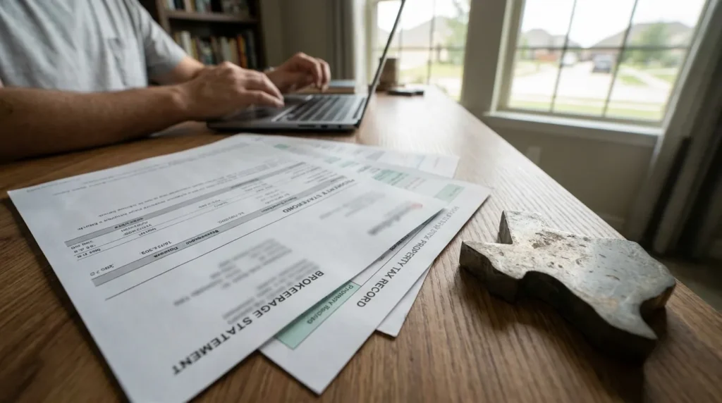 brokerage statement and property tax record documents spread on desk beside laptop