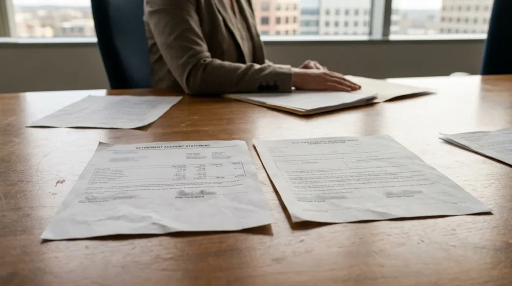 Retirement account statement and qualified domestic relations order documents spread on conference table