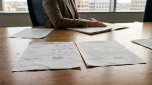 Retirement account statement and qualified domestic relations order documents spread on conference table