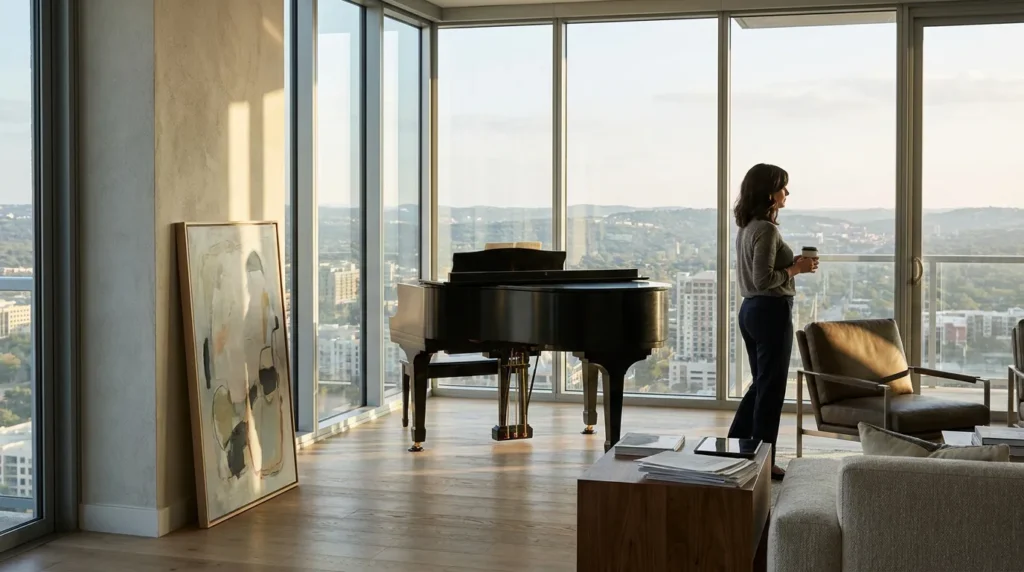 professional woman holding coffee cup standing near grand piano in high-rise office