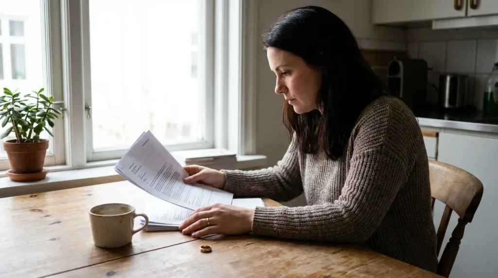 woman seated at kitchen table reviewing legal documents with wedding ring nearby