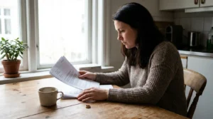 woman seated at kitchen table reviewing legal documents with wedding ring nearby