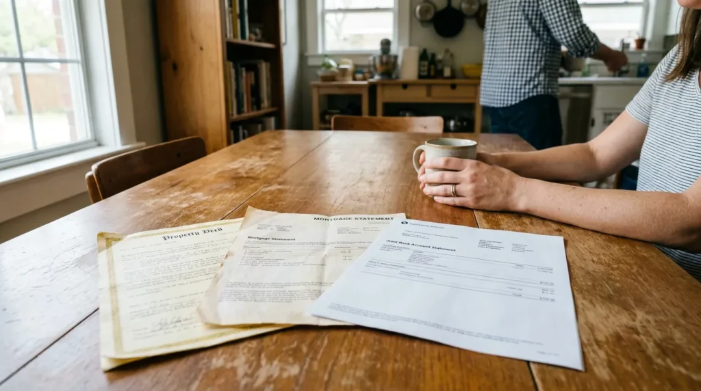 Property deed, mortgage statement, and joint bank account statement spread on kitchen table