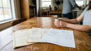 Property deed, mortgage statement, and joint bank account statement spread on kitchen table
