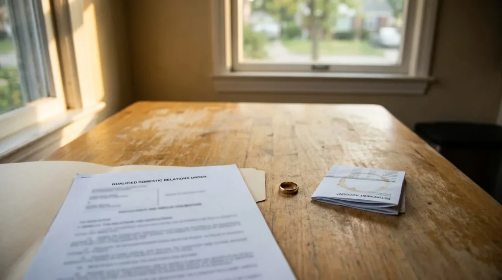 Qualified Domestic Relations Order document, wedding ring, and retirement account statement on wooden table